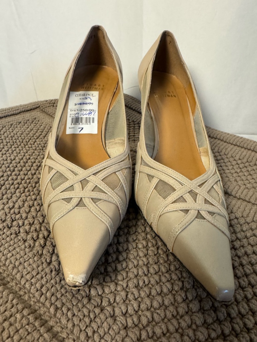 Vintage Stuart Weitzman Long Pointed-Toe Taupe Leather & Mesh Pumps - Picture 4 of 5